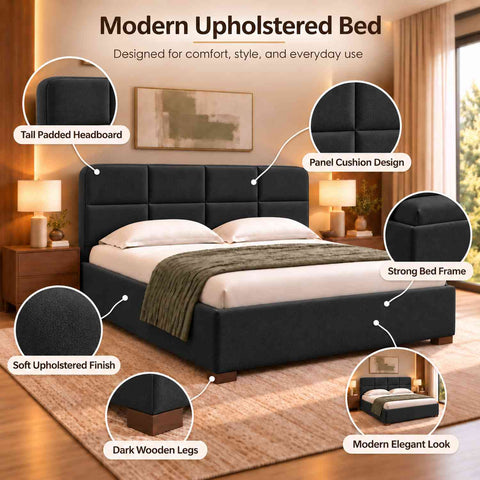 Resilience Premium Fabric Bed With Box Storage (Queen Size, Charcoal Black)