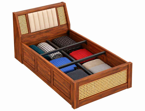 Canejoy Solid Sheesham Wood Single Bed With Box Storage (Natural Finish)