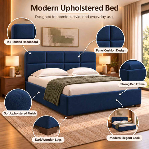 Resilience Premium Fabric Bed With Box Storage (King Size, Navy Blue)
