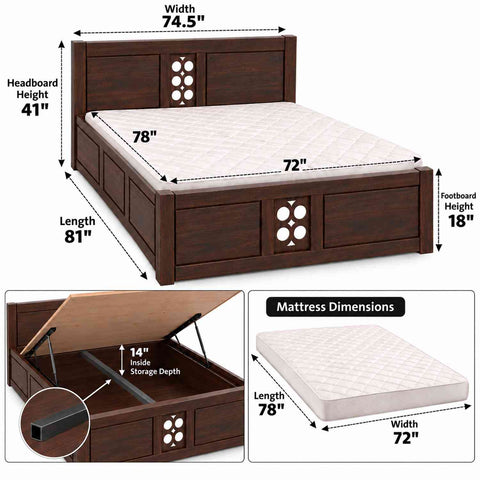 Monstro Solid Sheesham Wood Hydraulic Bed With Box Storage (King Size, Walnut Finish)