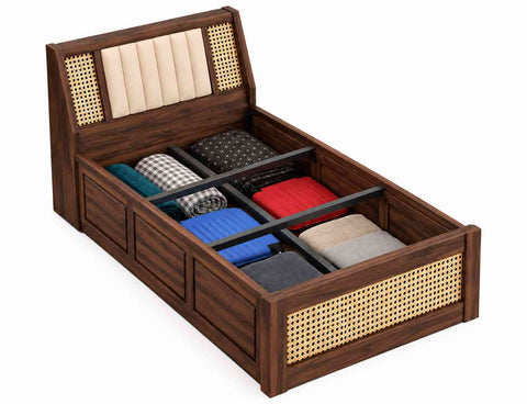 Canejoy Solid Sheesham Wood Single Bed With Box Storage (Walnut Finish)