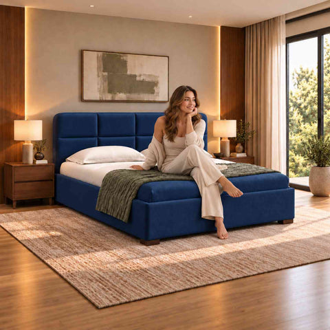 Resilience Premium Fabric Bed With Box Storage (King Size, Navy Blue)