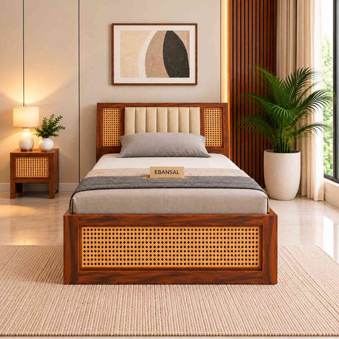 Canejoy Solid Sheesham Wood Single Bed With Box Storage (Natural Finish)