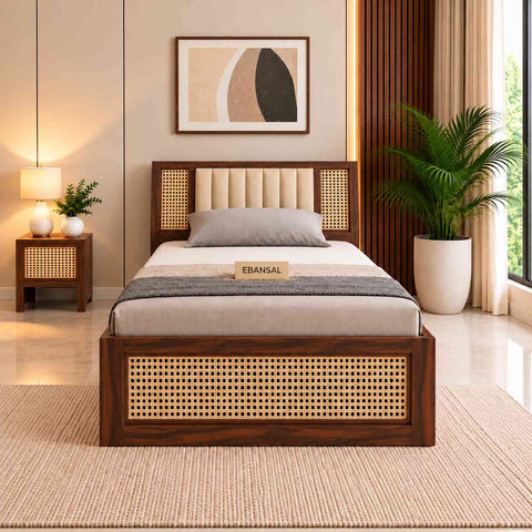 Canejoy Solid Sheesham Wood Single Bed With Box Storage (Walnut Finish)