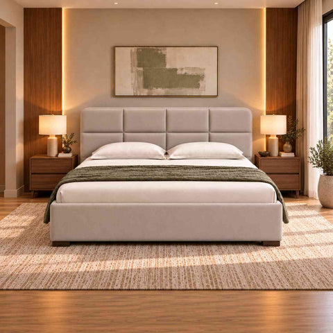 Resilience Premium Fabric Bed With Box Storage (Queen Size, Beige)