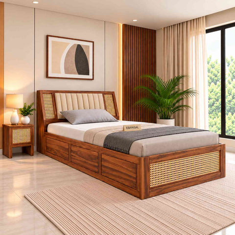 Canejoy Solid Sheesham Wood Single Bed With Box Storage (Natural Finish)