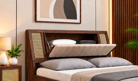 Canejoy Solid Sheesham Wood Single Bed With Box Storage (Walnut Finish)