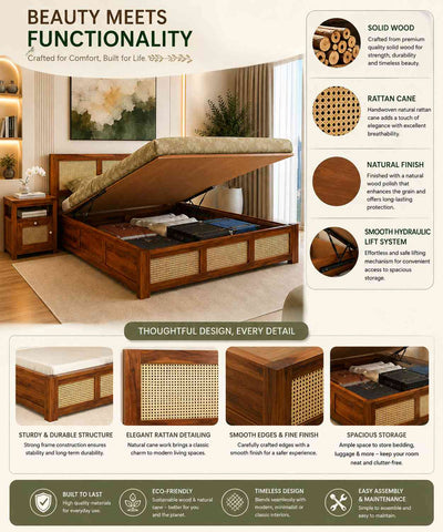 Canejoy Solid Sheesham Wood Hydraulic Bed With Box Storage 3 Blocks (King Size, Natural Finish)