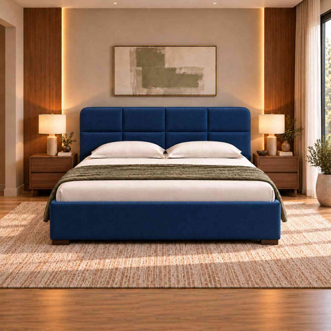 Resilience Premium Fabric Bed With Box Storage (King Size, Navy Blue)