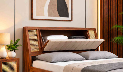 Canejoy Solid Sheesham Wood Single Bed With Box Storage (Natural Finish)
