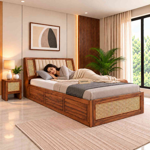 Canejoy Solid Sheesham Wood Single Bed With Box Storage (Natural Finish)