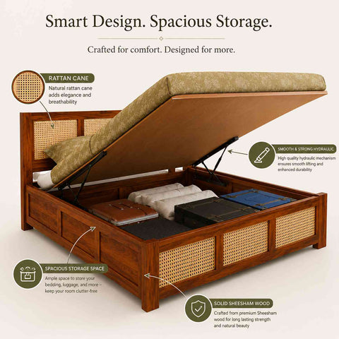 Canejoy Solid Sheesham Wood Hydraulic Bed With Box Storage 3 Blocks (King Size, Natural Finish)