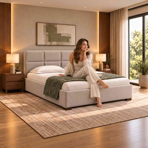 Resilience Premium Fabric Bed With Box Storage (Queen Size, Beige)