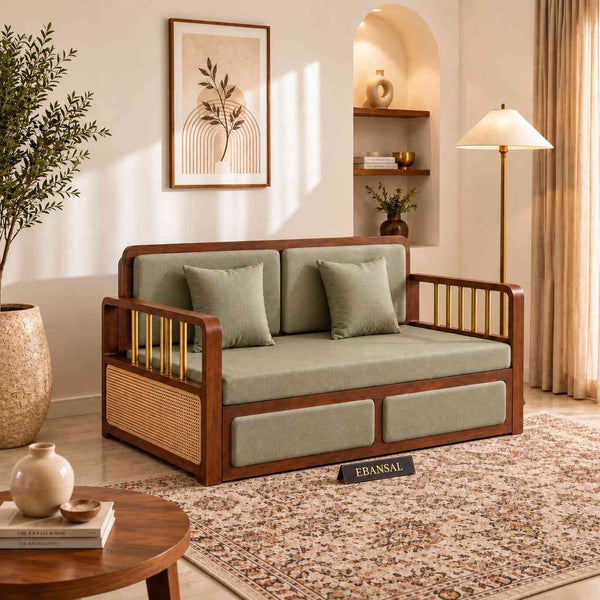 Canejoy Solid Sheesham Wood 3 Seater Sofa Cum Bed With Storage (Natural Finish, Sage Green Fabric)