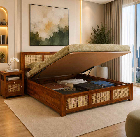 Canejoy Solid Sheesham Wood Hydraulic Bed With Box Storage 3 Blocks (King Size, Natural Finish)