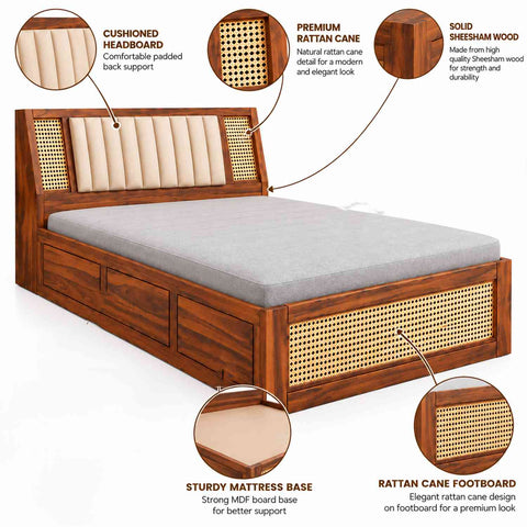 Canejoy Solid Sheesham Wood Single Bed With Box Storage (Natural Finish)