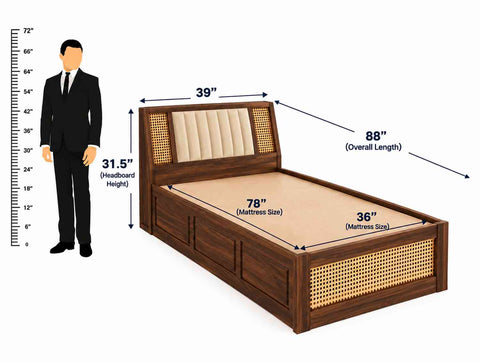 Canejoy Solid Sheesham Wood Single Bed With Box Storage (Walnut Finish)