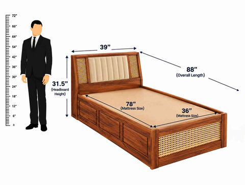 Canejoy Solid Sheesham Wood Single Bed With Box Storage (Natural Finish)