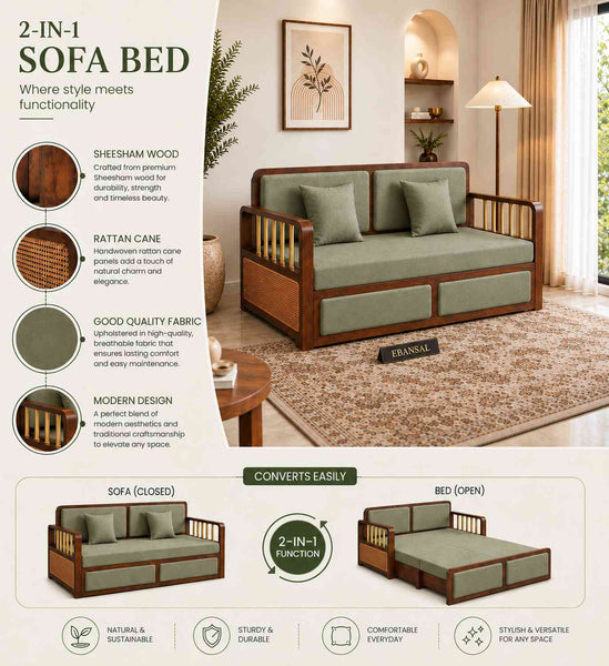 Canejoy Solid Sheesham Wood 3 Seater Sofa Cum Bed With Storage (Natural Finish, Sage Green Fabric)