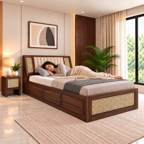 Canejoy Solid Sheesham Wood Single Bed With Box Storage (Walnut Finish)