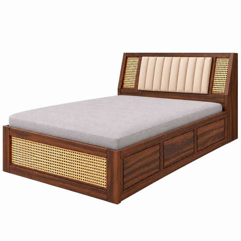 Canejoy Solid Sheesham Wood Single Bed With Box Storage (Walnut Finish)