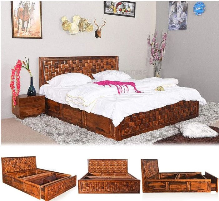 Sofia Solid Sheesham Wood Bed With Box Storage And Front Drawer (King Size, Natural Finish)