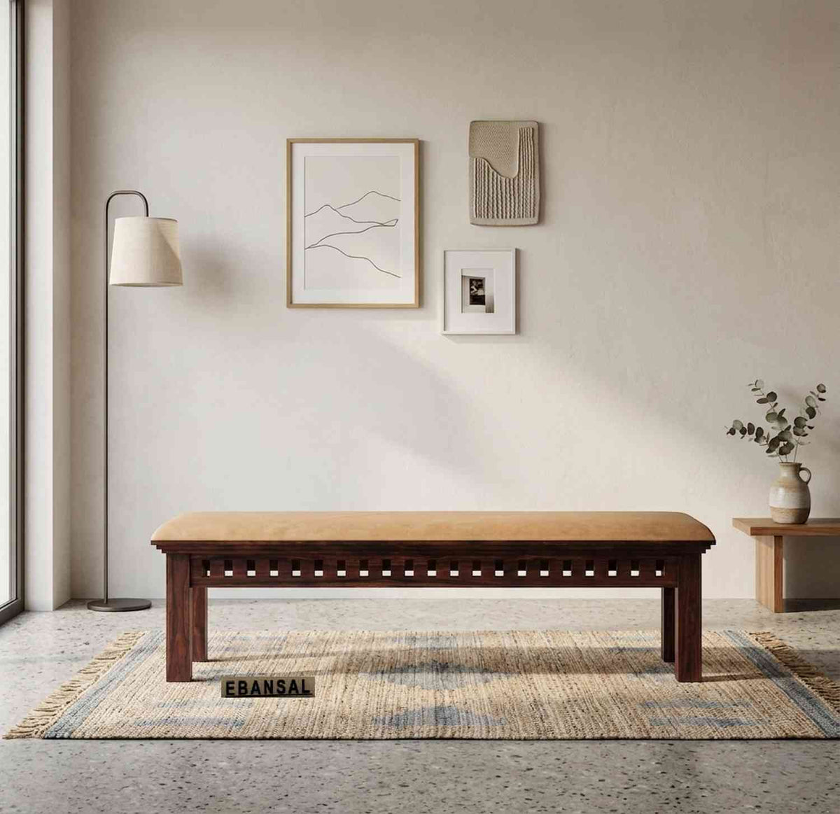 Amer Solid Sheesham Wood 3 Seater Bench (Walnut Finish, With Cushion)