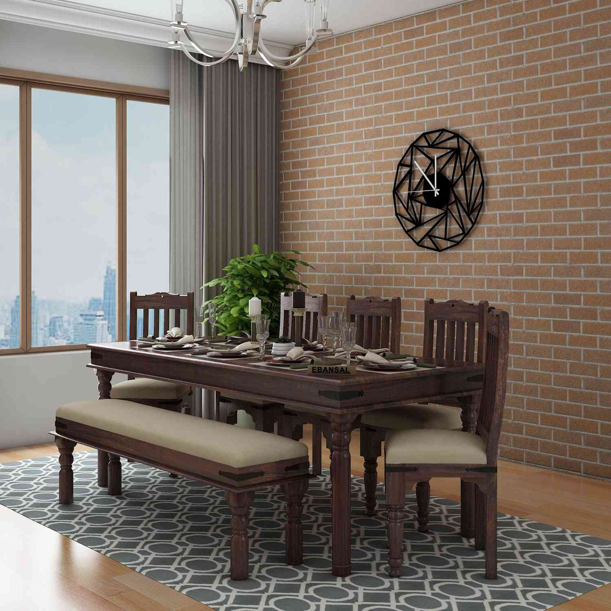 Ajmer Solid Sheesham Wood 8 Seater Dining Set With Bench (With Cushion, Walnut Finish)