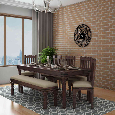 Ajmer Solid Sheesham Wood 8 Seater Dining Set With Bench (With Cushion, Walnut Finish)