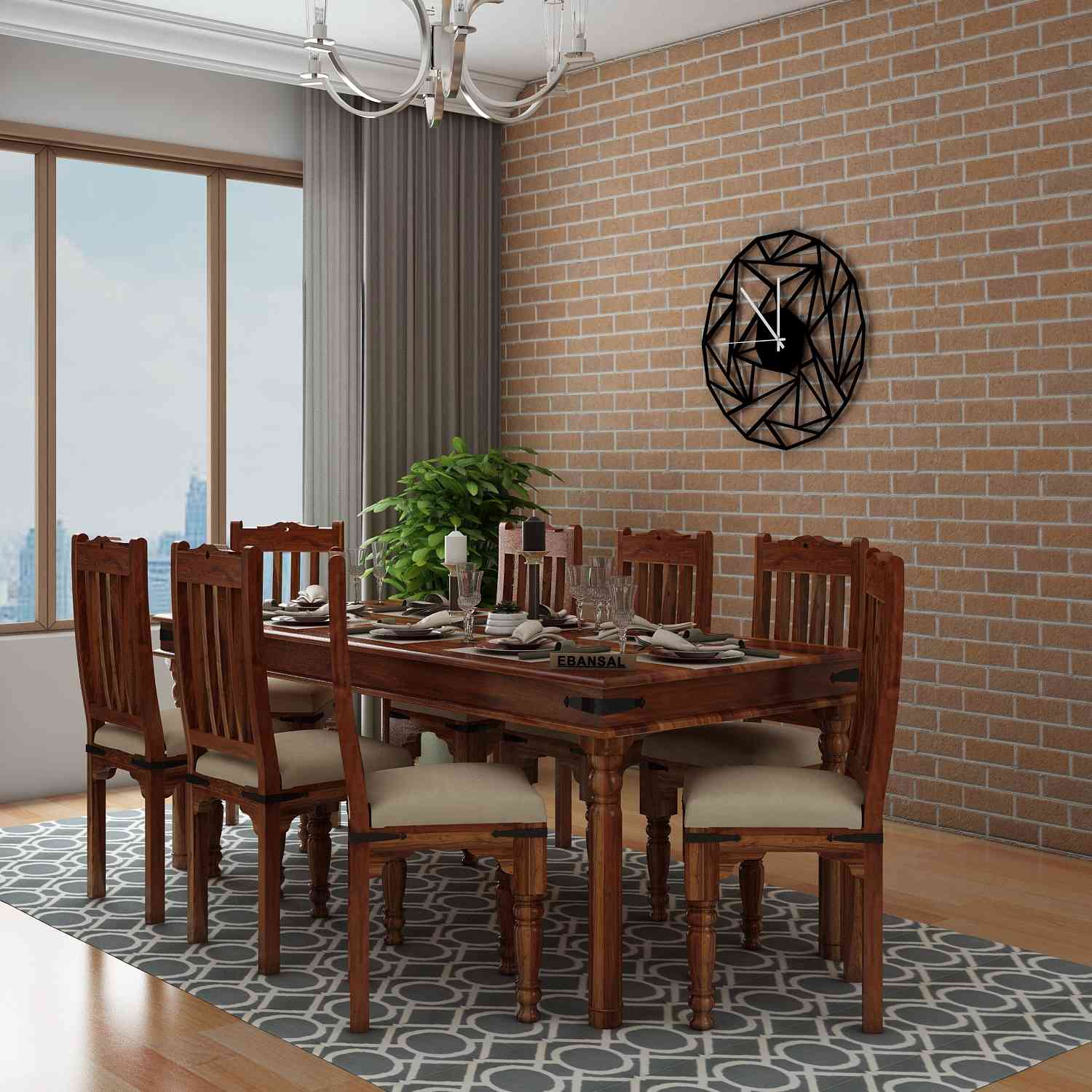 Ajmer Solid Sheesham Wood 8 Seater Dining Set (With Cushion, Natural Finish)