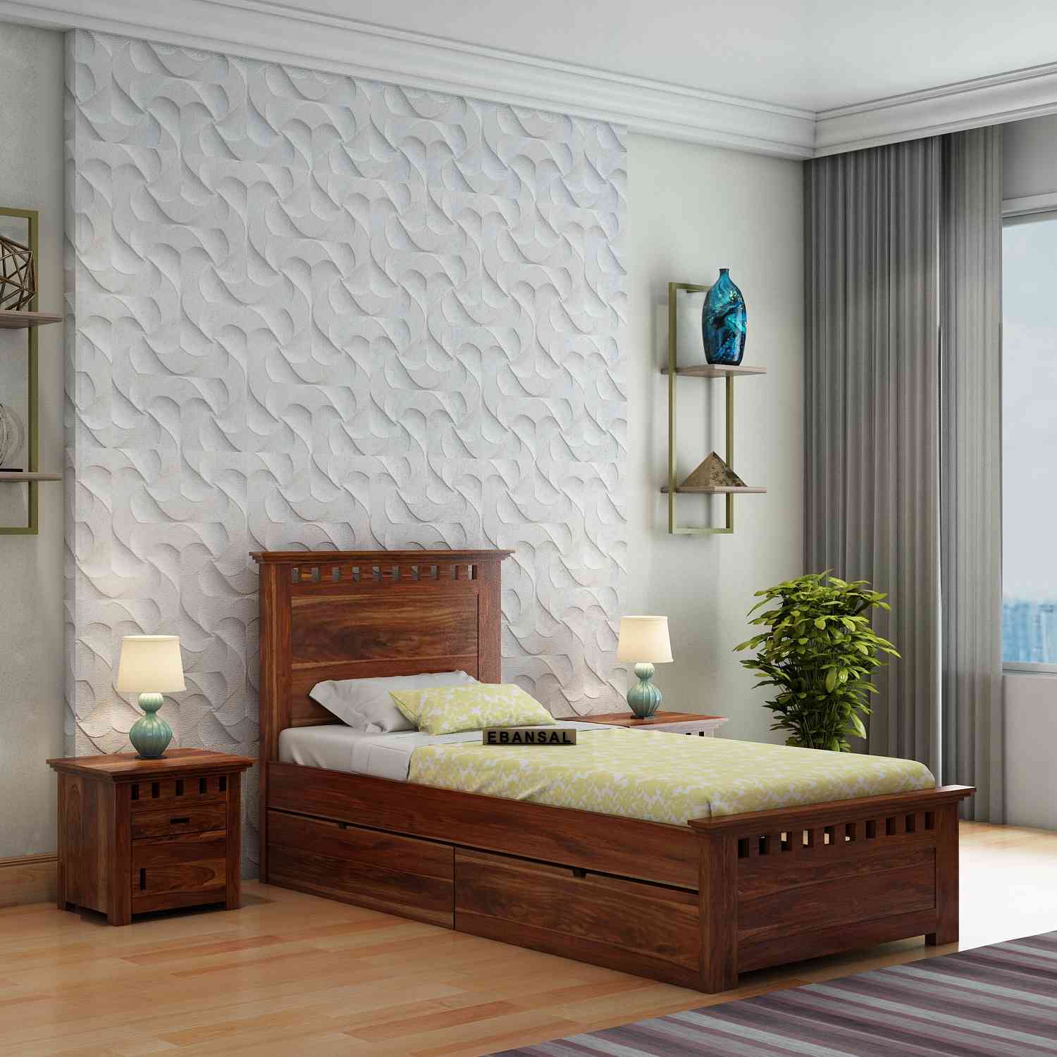Amer Solid Sheesham Wood Single Bed With Two Drawers (Natural Finish)