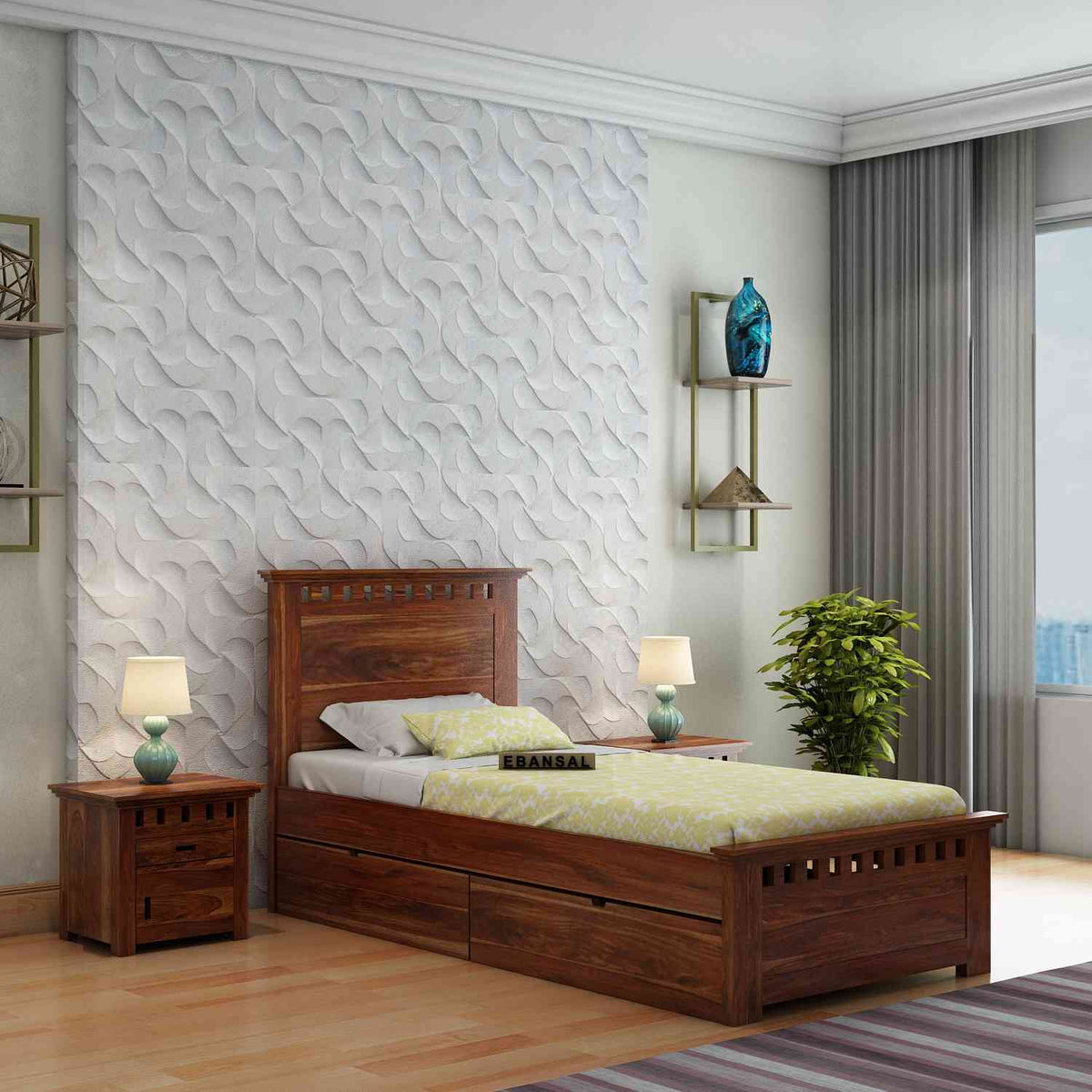 Amer Solid Sheesham Wood Single Bed With Two Drawers (Natural Finish)