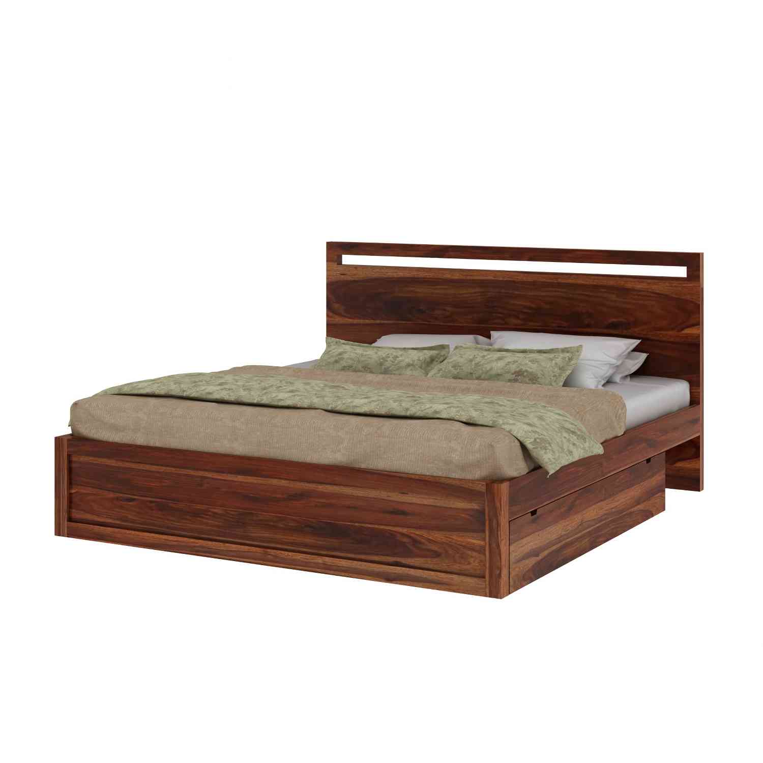 Livinn Solid Sheesham Wood Bed With Two Drawers (Queen Size, Natural Finish)