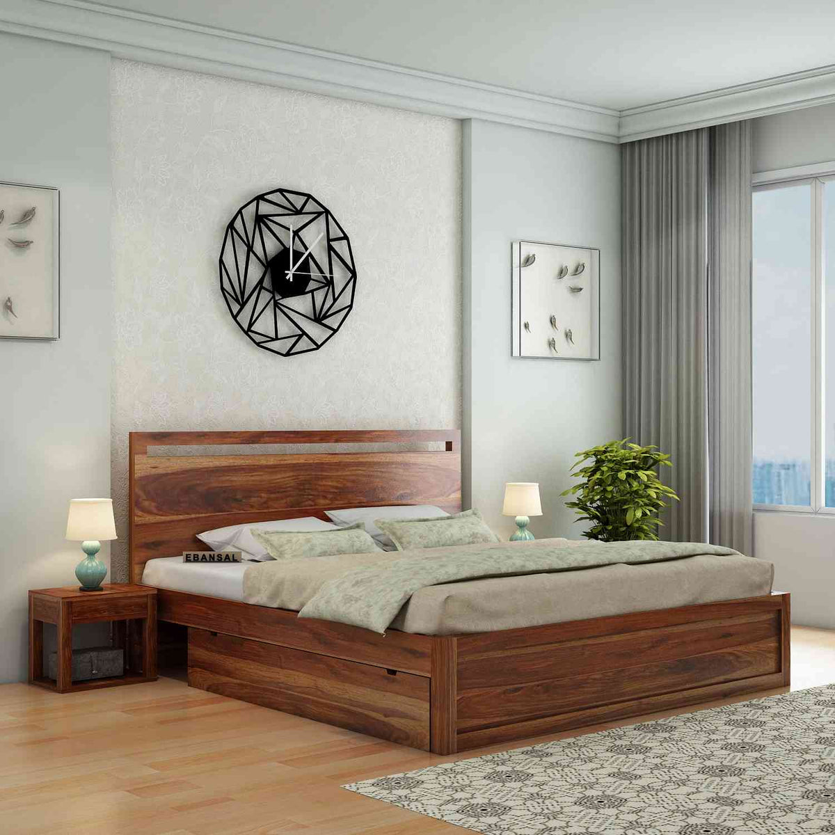 Livinn Solid Sheesham Wood Bed With Two Drawers (King Size, Natural Finish)