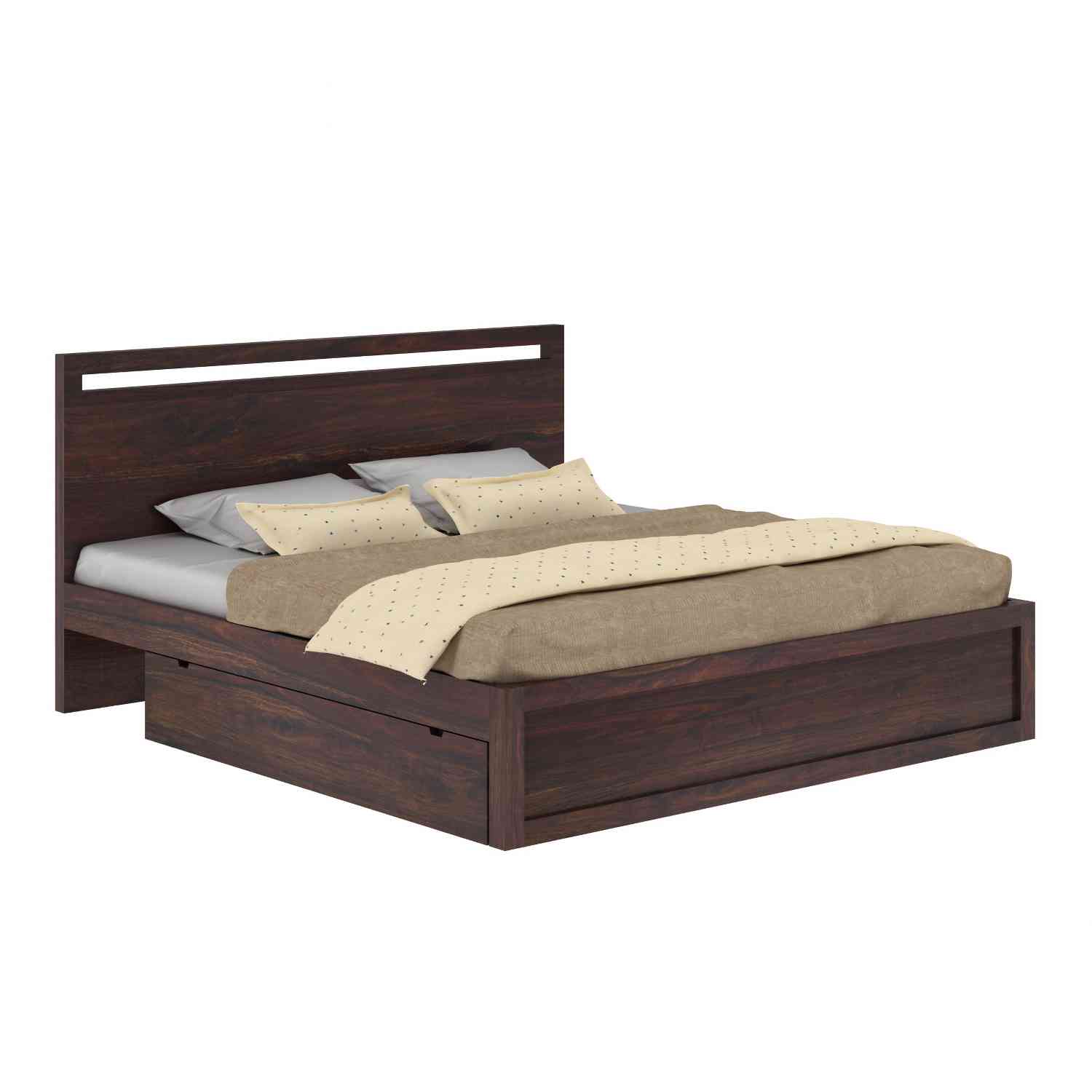 Livinn Solid Sheesham Wood Bed With Two Drawers (Queen Size, Walnut Finish)