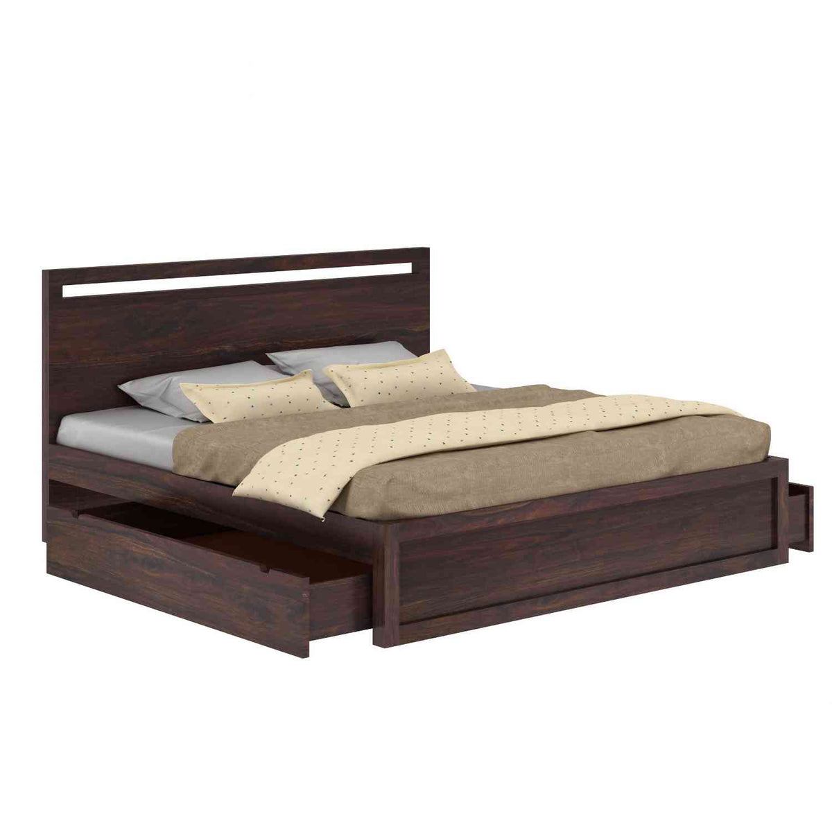 Livinn Solid Sheesham Wood Bed With Two Drawers (King Size, Walnut Finish)