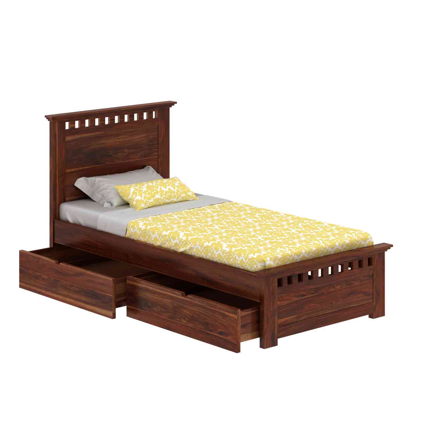 Amer Solid Sheesham Wood Single Bed With Two Drawers (Natural Finish)