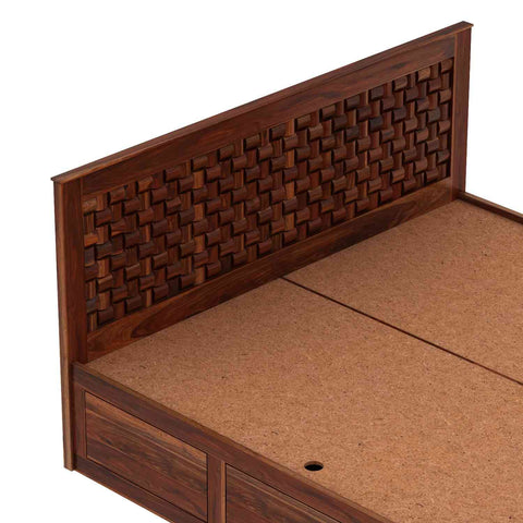Olivia Solid Sheesham Wood Bed With Box Storage (Queen Size, Natural Finish)