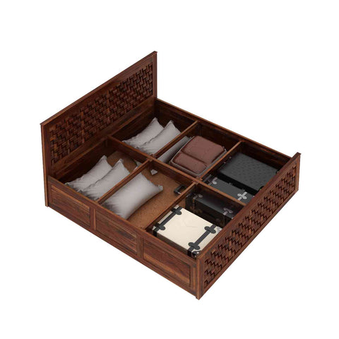 Olivia Solid Sheesham Wood Bed With Box Storage (Queen Size, Natural Finish)