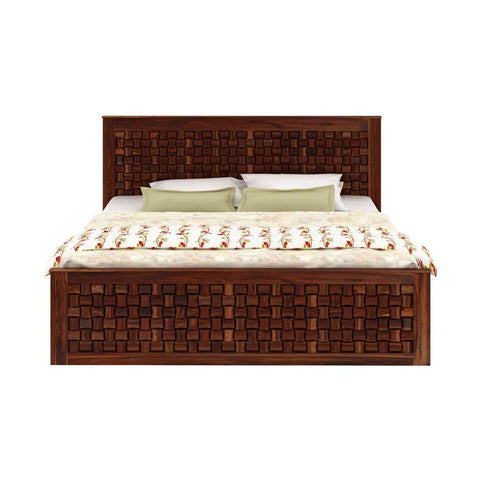 Olivia Solid Sheesham Wood Bed With Box Storage (Queen Size, Natural Finish)