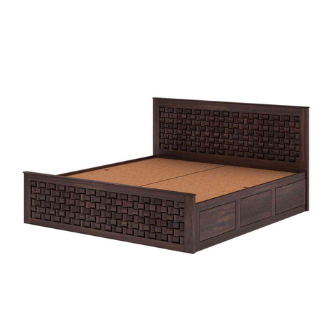 Olivia Solid Sheesham Wood Bed With Box Storage (Queen Size, Walnut Finish)
