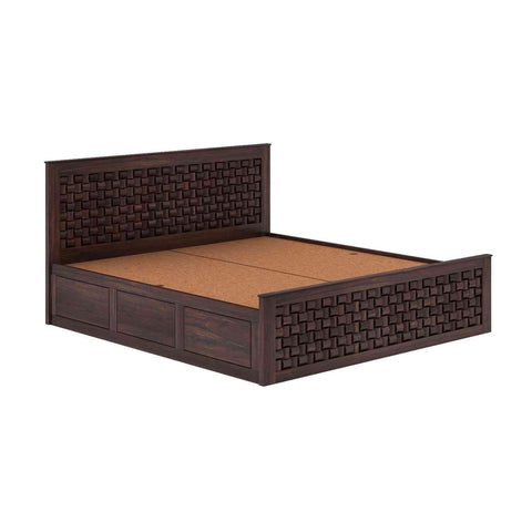 Olivia Solid Sheesham Wood Bed With Box Storage (Queen Size, Walnut Finish)