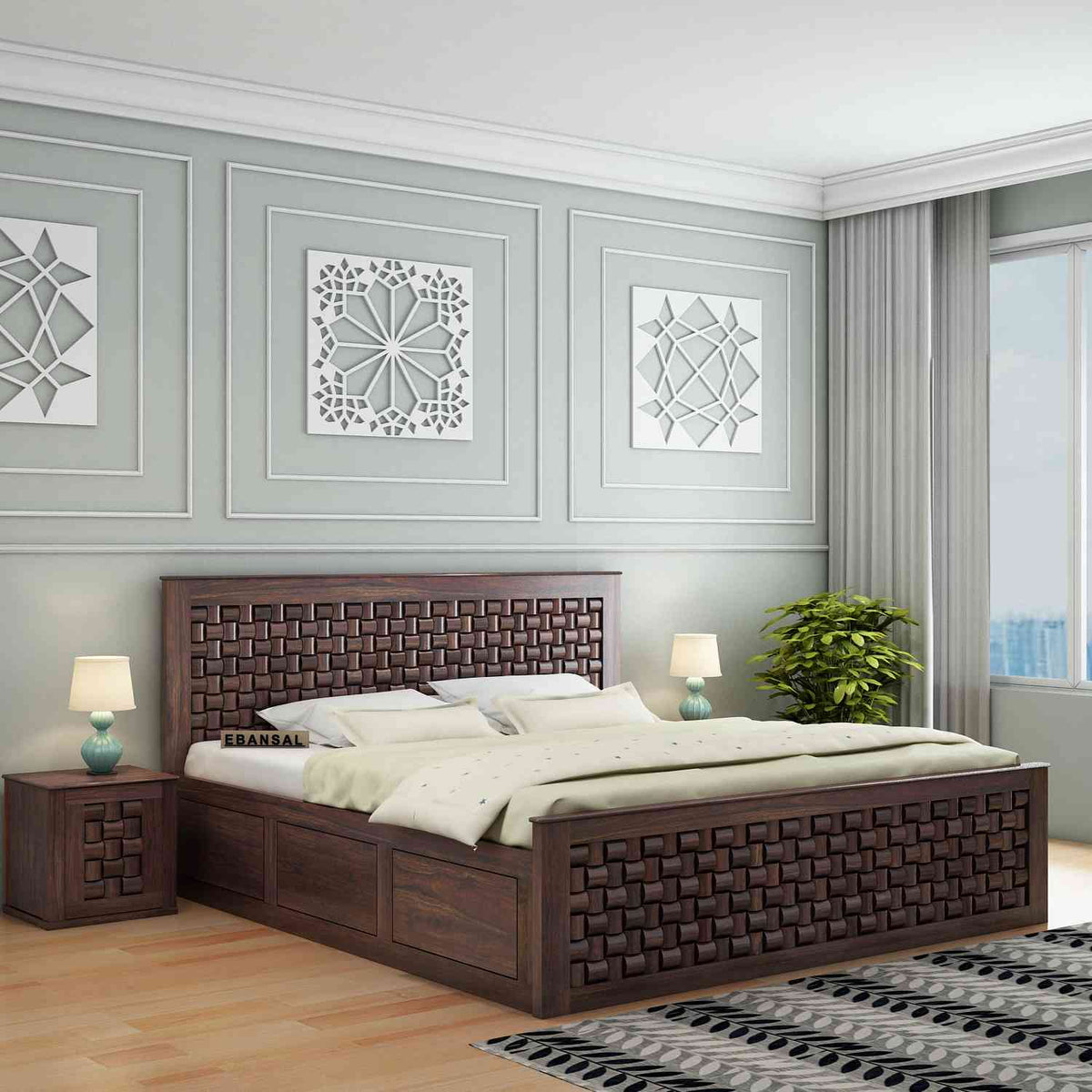 Olivia Solid Sheesham Wood Bed With Box Storage (Queen Size, Walnut Finish)