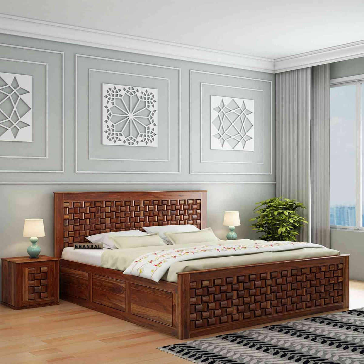 Olivia Solid Sheesham Wood Bed With Box Storage (Queen Size, Natural Finish)