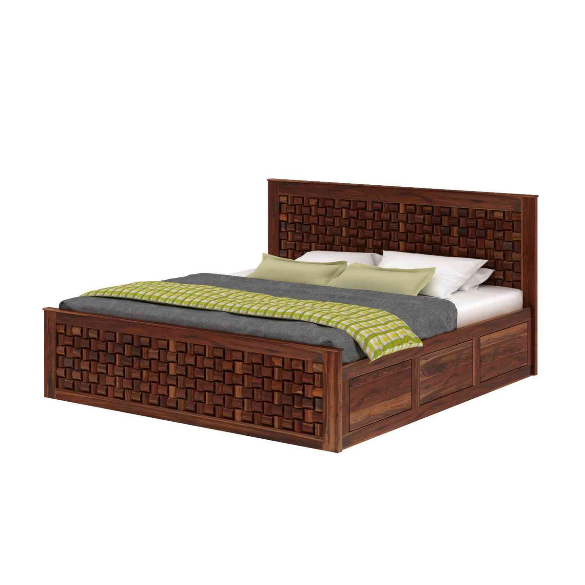 Olivia Solid Sheesham Wood Hydraulic Bed With Box Storage (Queen Size, Natural Finish)