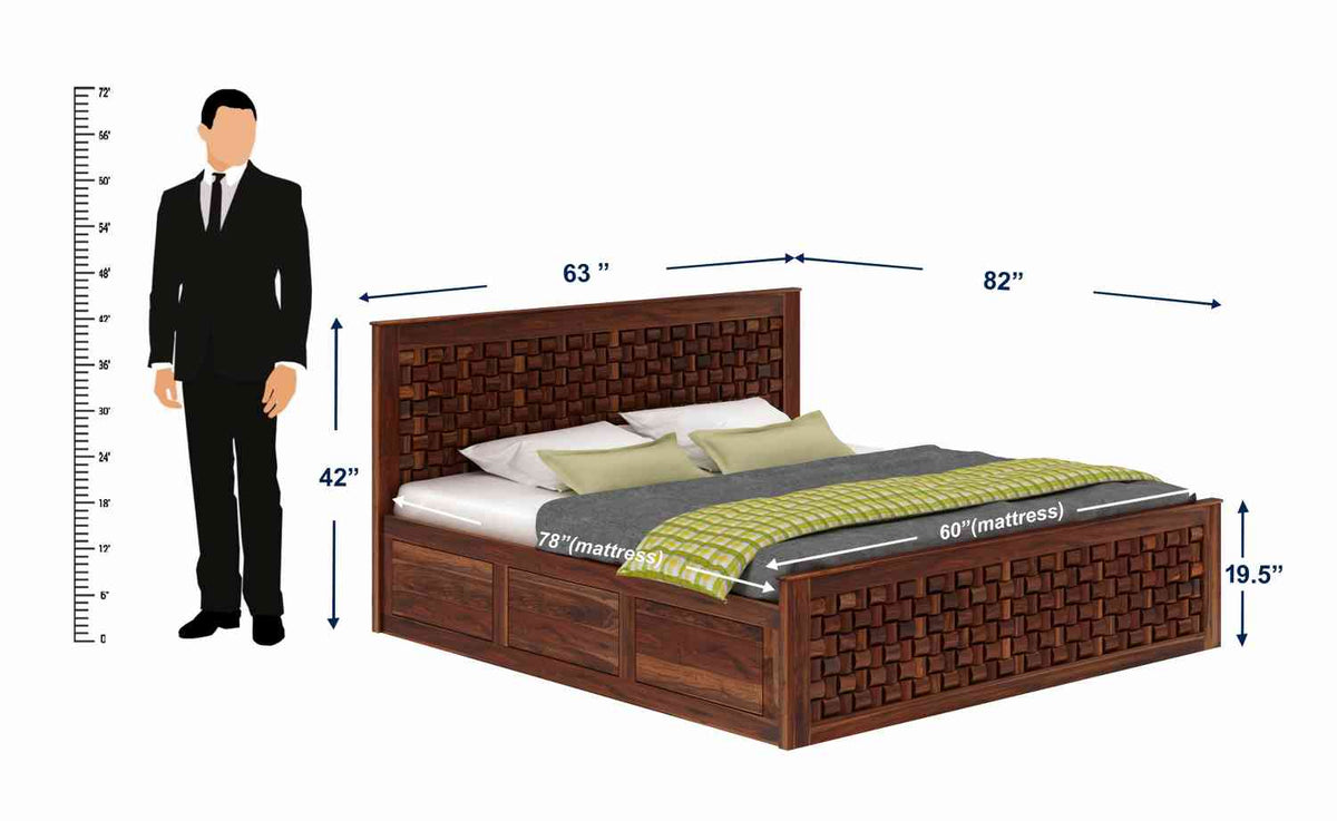 Olivia Solid Sheesham Wood Hydraulic Bed With Box Storage (Queen Size, Natural Finish)