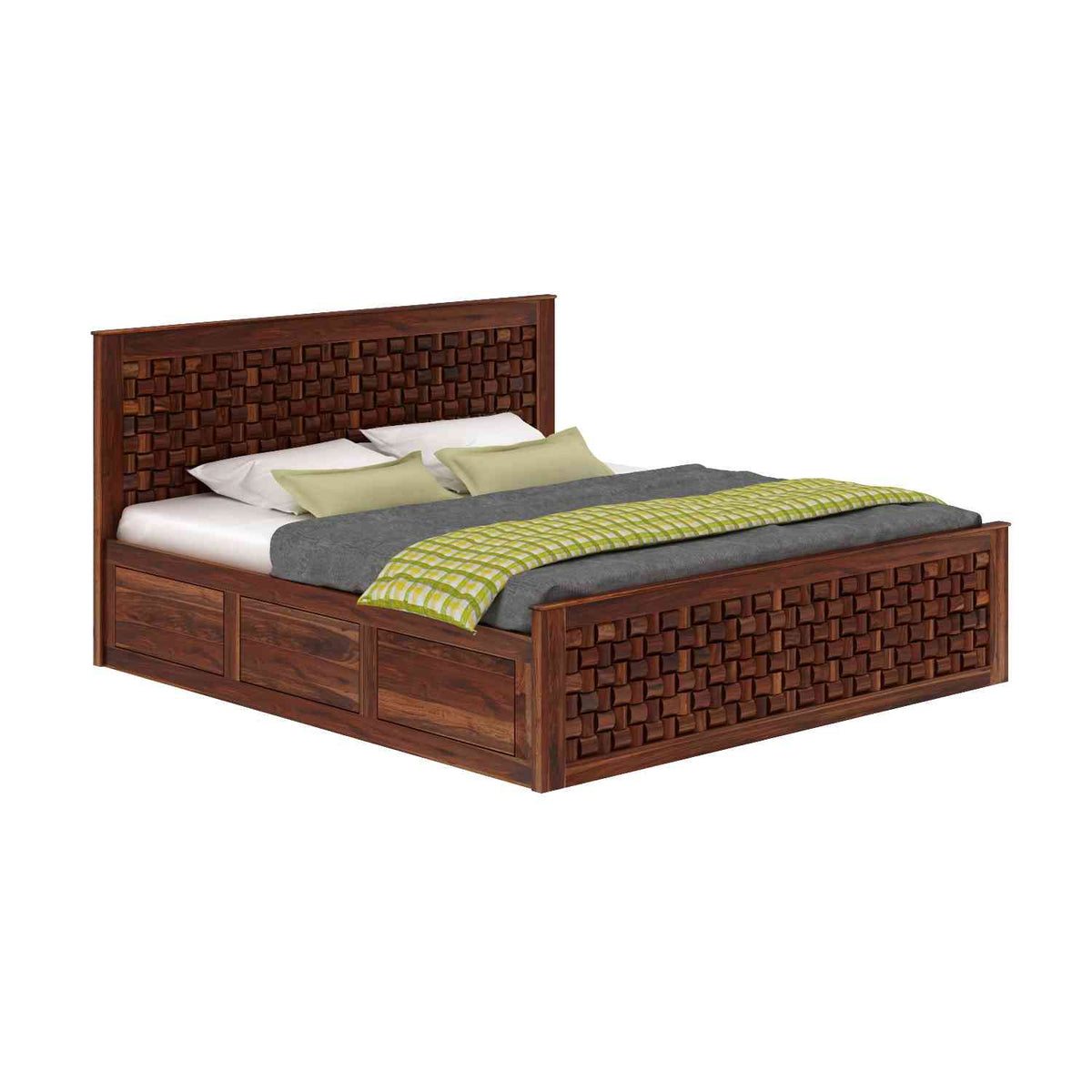 Olivia Solid Sheesham Wood Hydraulic Bed With Box Storage (Queen Size, Natural Finish)