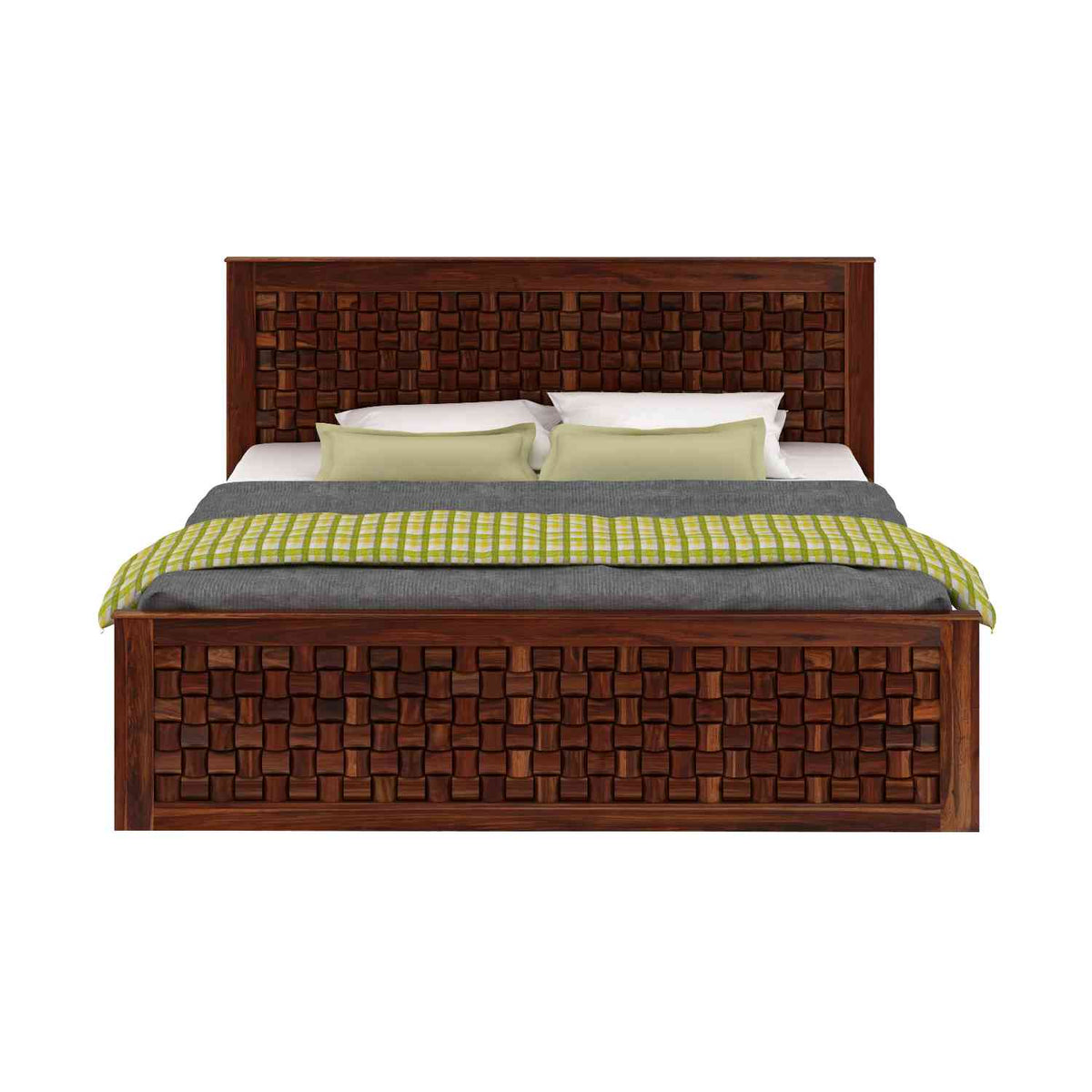 Olivia Solid Sheesham Wood Hydraulic Bed With Box Storage (Queen Size, Natural Finish)