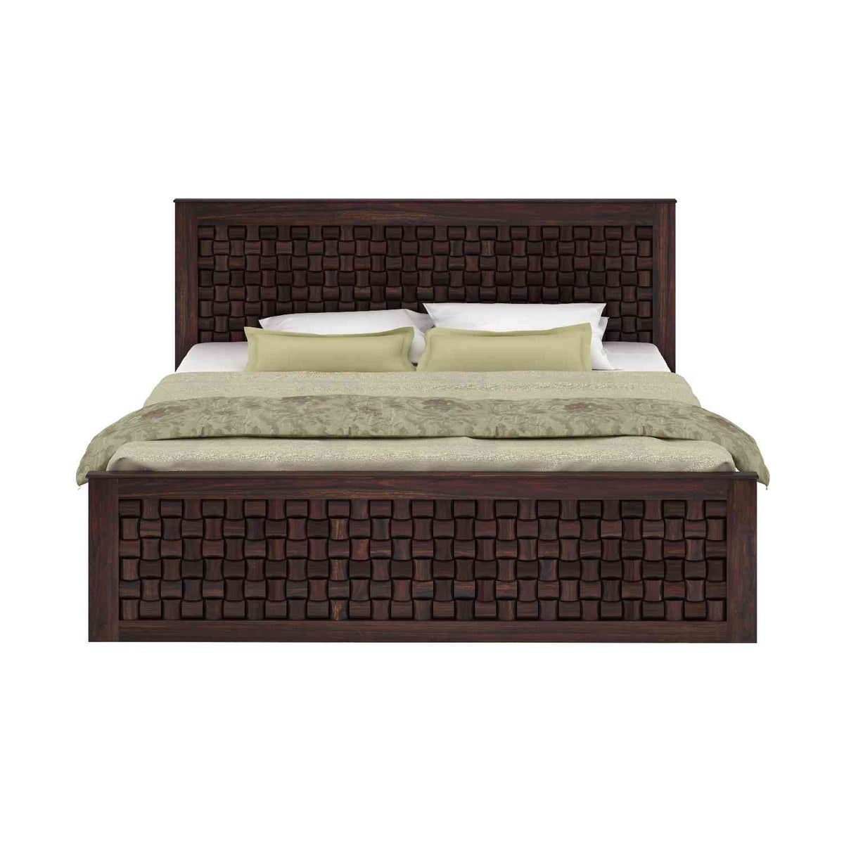 Olivia Solid Sheesham Wood Hydraulic Bed With Box Storage (Queen Size, Walnut Finish)