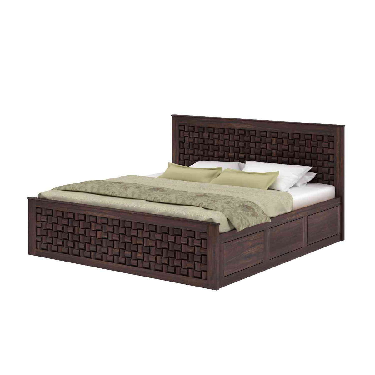 Olivia Solid Sheesham Wood Hydraulic Bed With Box Storage (Queen Size, Walnut Finish)
